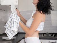 Brunette amateur Queenlin bares her big tits & spreads her muff in the kitchen - Photo #1