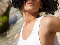 Dark haired babe Pammie Lee shows her perfect boobs and cunt on the beach - Photo #7