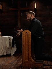 Kinky nun Arabelle Raphael gives Father Brogan a handjob before pegging him