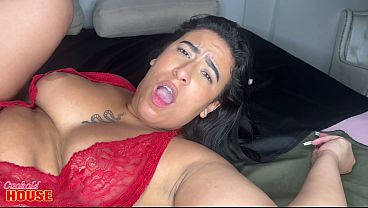 Older husband eating his young wife's ass, who has a huge ass.