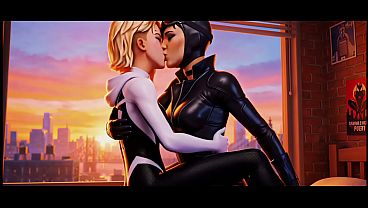Spider-Gwen x Catwoman lesbian kissing (Spiderman into the spiderverse, Injustice 2 AI generated)