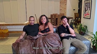 Busty Latina MILF with a big ass threesome with two work friends in the living room