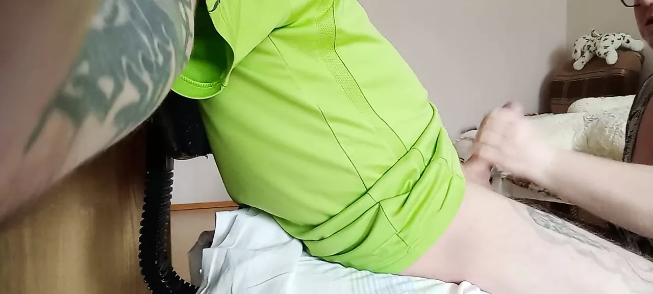 the fat woman turned me on then jerks off my cock and watches the cum shoot out of the penis