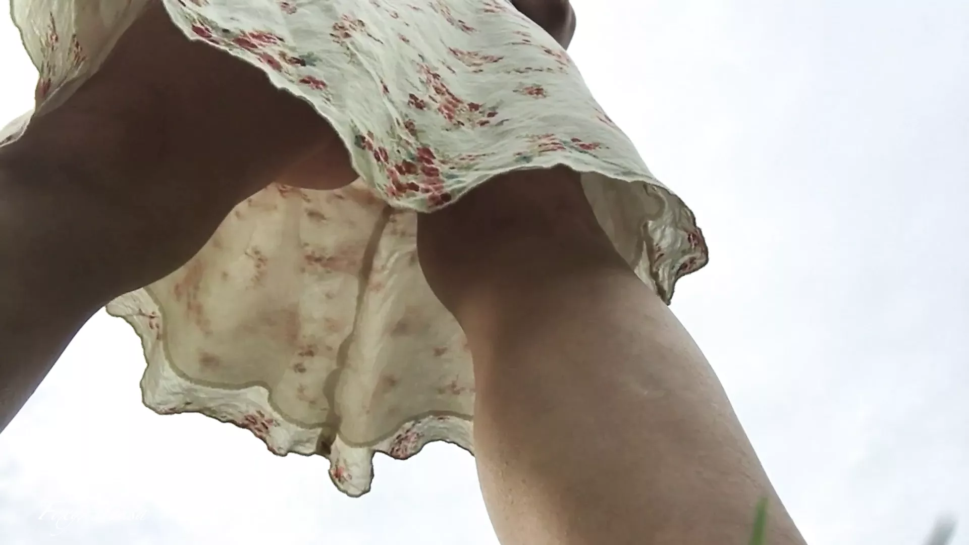Hidden look under the skirt. Hot pussy without panties walks in the park.