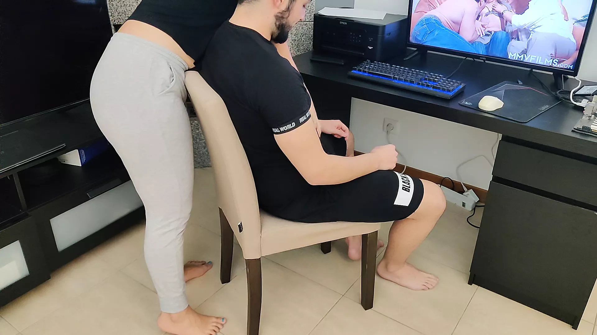 Mature step mother jerks off her stepson while watching porn