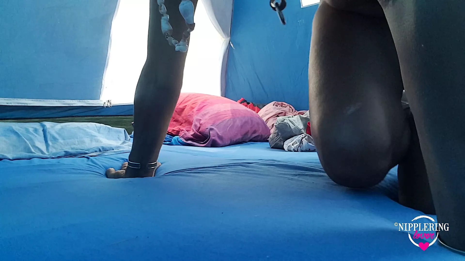 nippleringlover horny milf masturbating with vibrator in tent at nude beach pierced pussy extreme pierced nipples