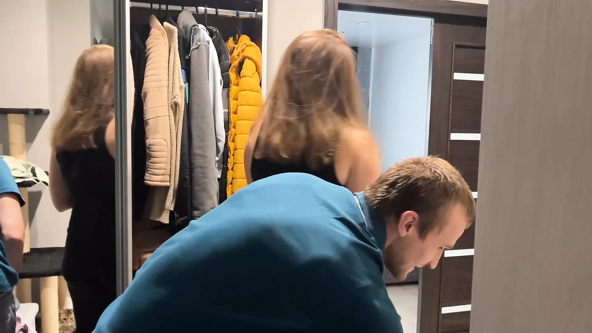 Elevator stuck MILF came to the rescue with threesome and creampie