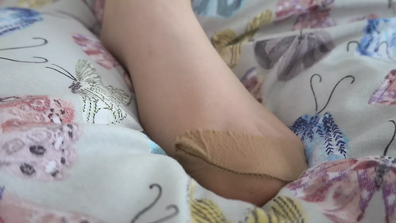 Big Breasts Wife Playing with Pussy in Tan Pantyhose