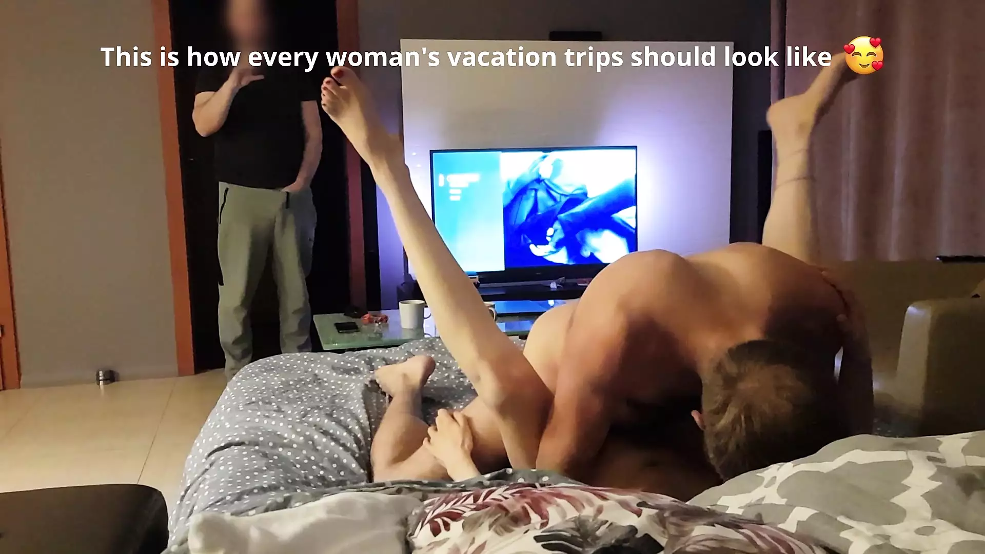 Cuckold cheating wife has sex with her lover on a vacation trip, while husband watches them