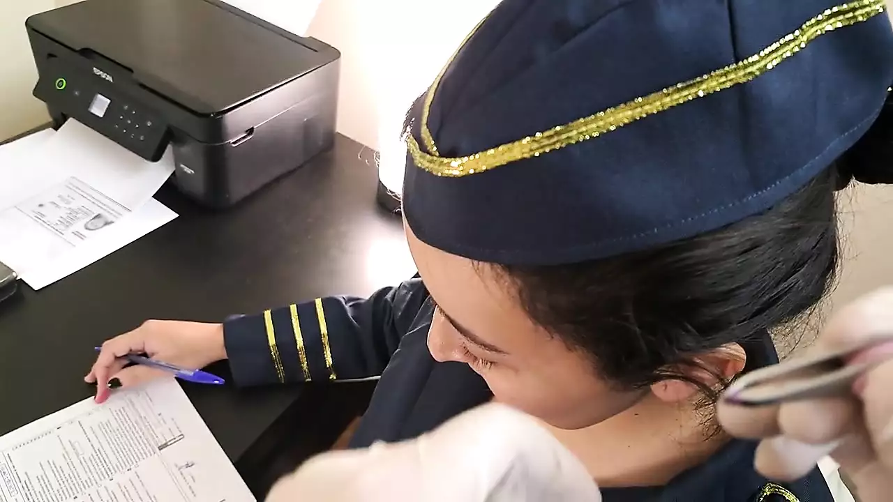 Married flight attendant gets fucked during body inspection