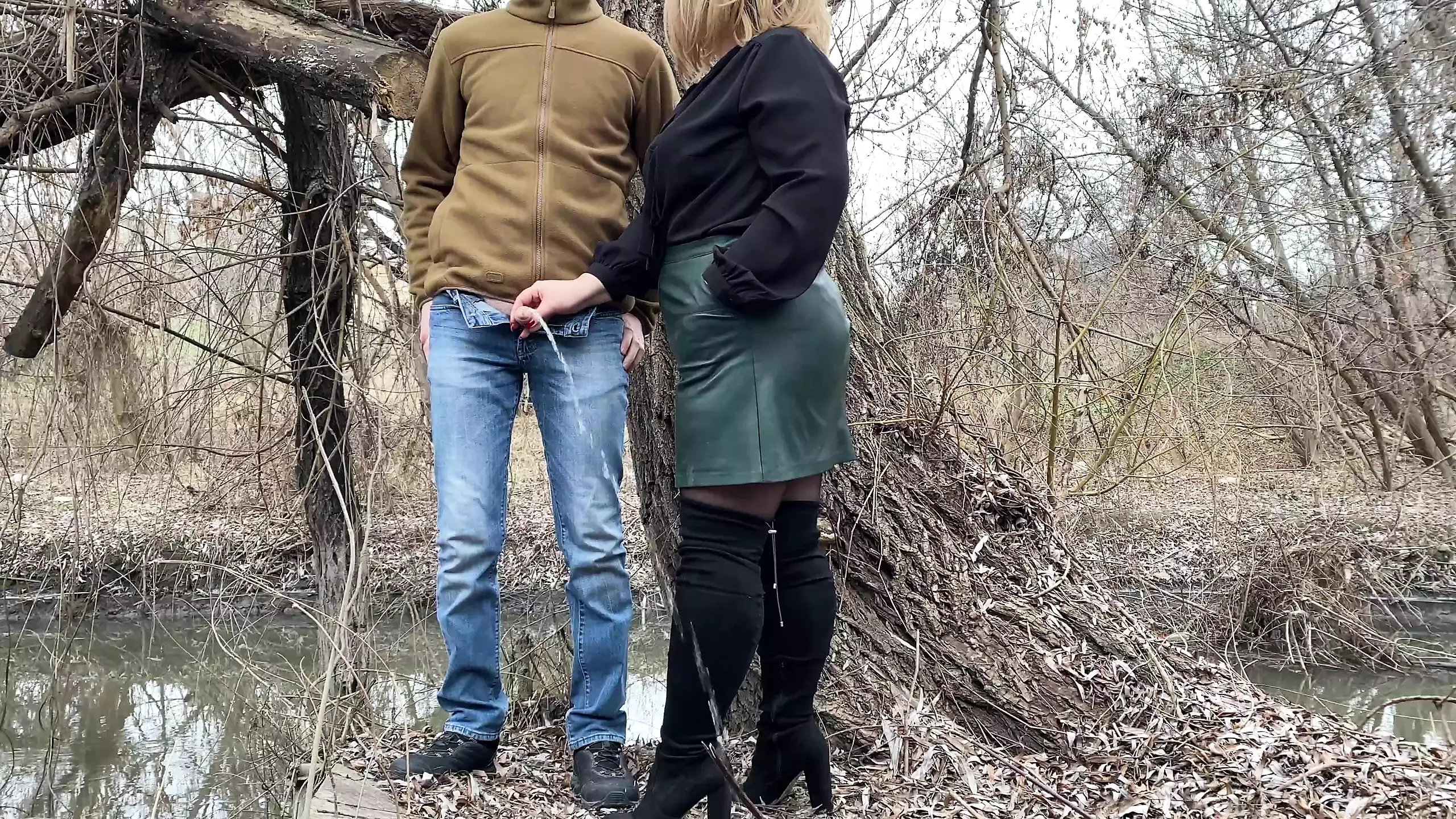 Squeezing my mother in law's fat ass in a leather skirt before she helps me pee outside