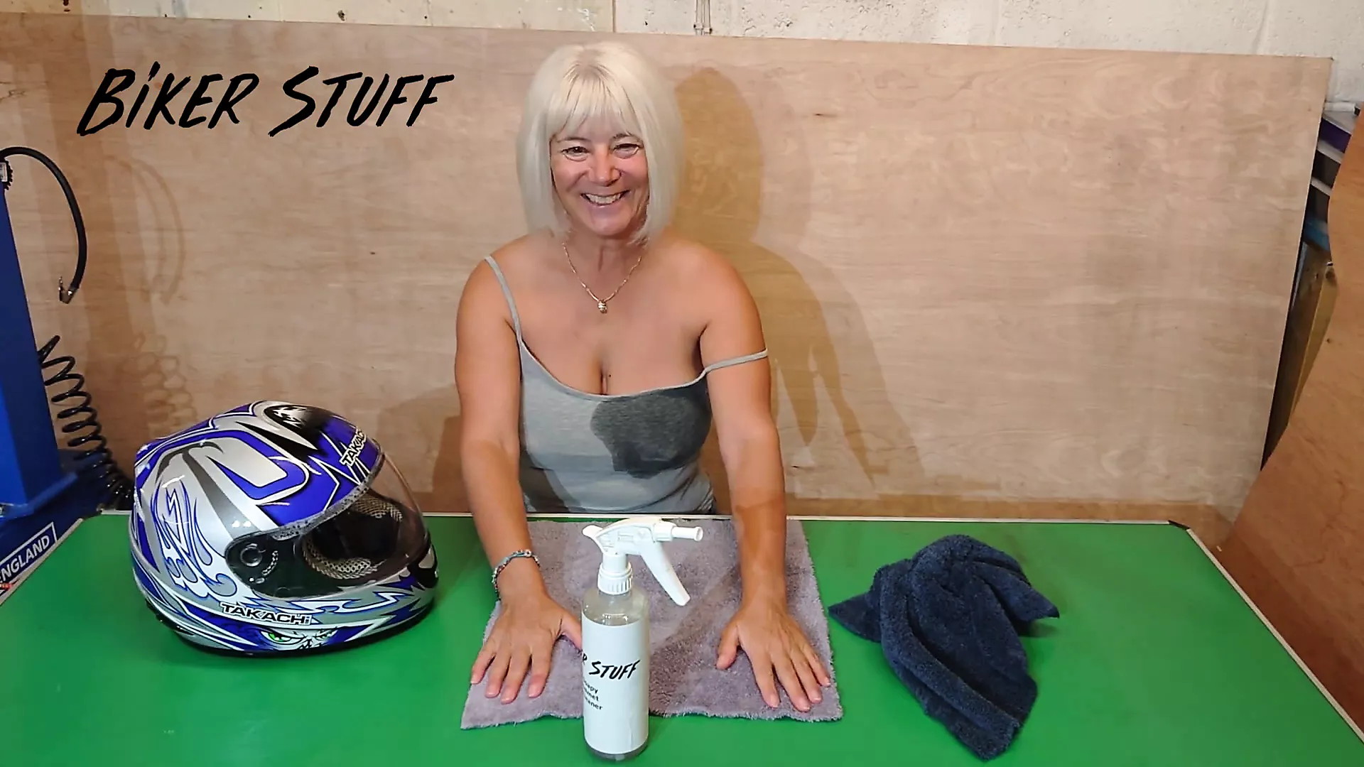 Hot Youtuber Biker Stuff - No bra polishing her helmet