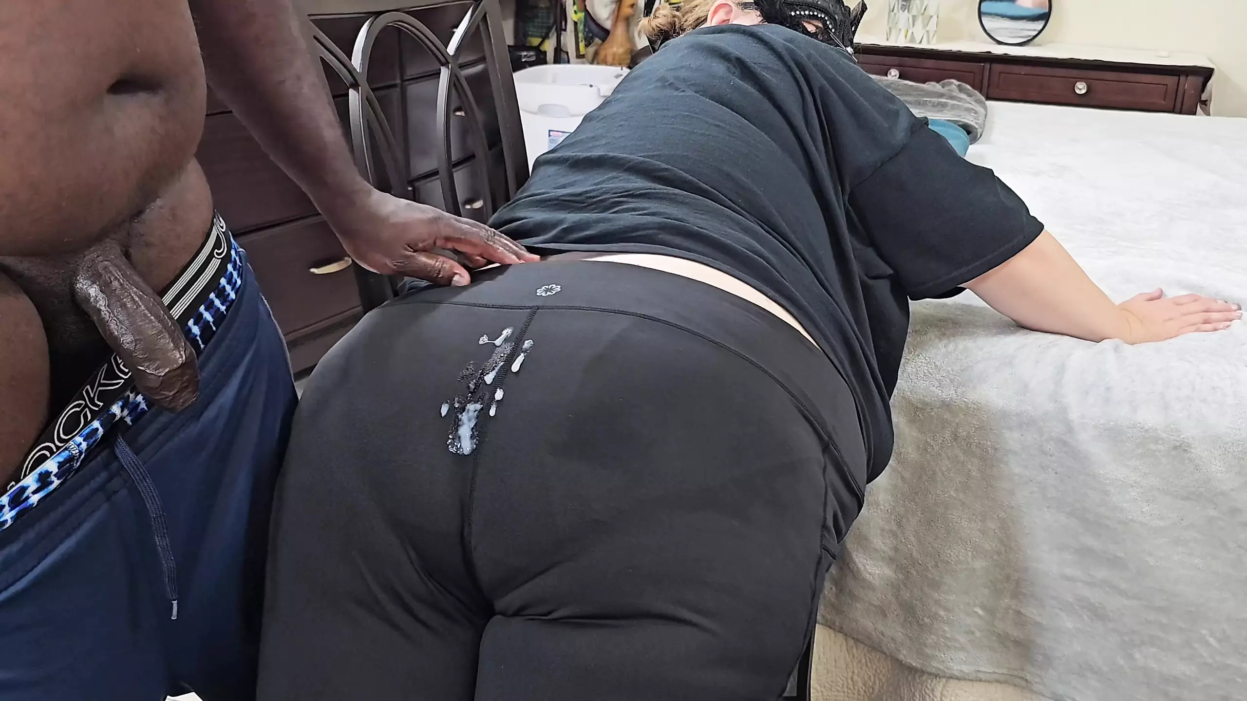 Sexy Big Ass Curvy Blonde Milf In Yoga Pants Twerking & Teasing Black Guy, Resulting In Cum On Ass (Shooting Big Load)