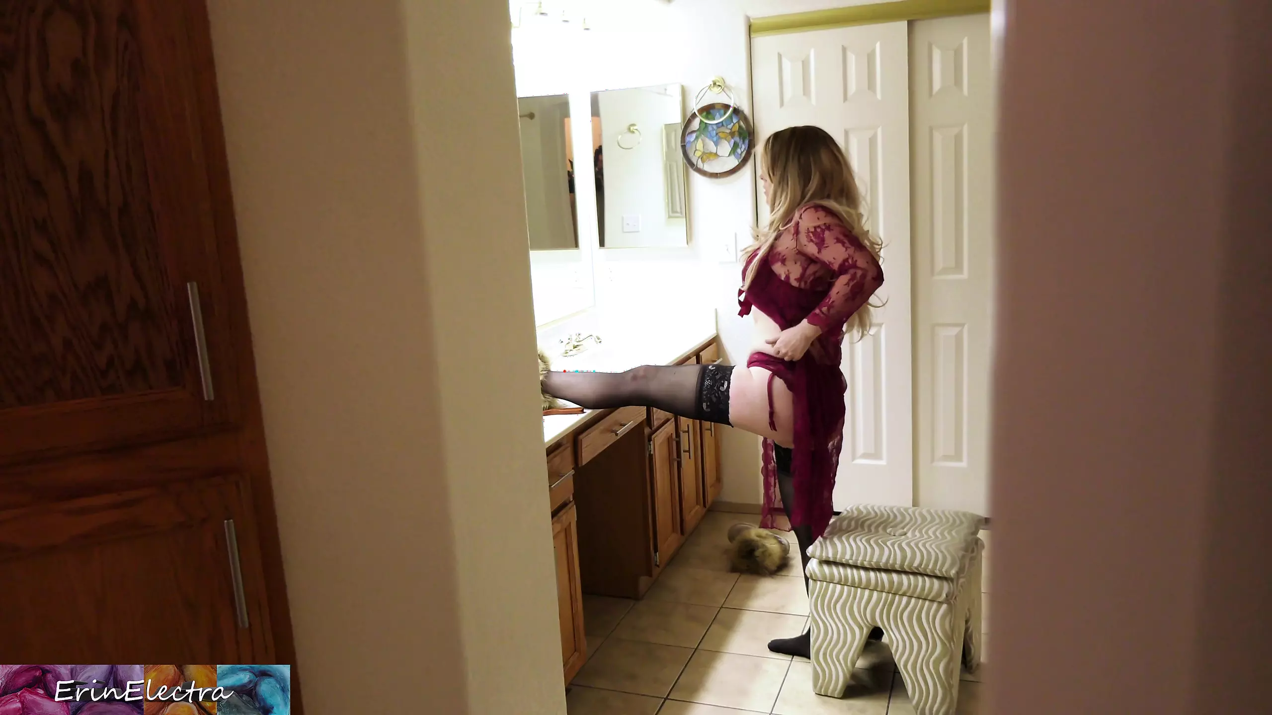 Stepmom prepares for bed while stepson watches and masturbates until he is caught and she lets him put it in