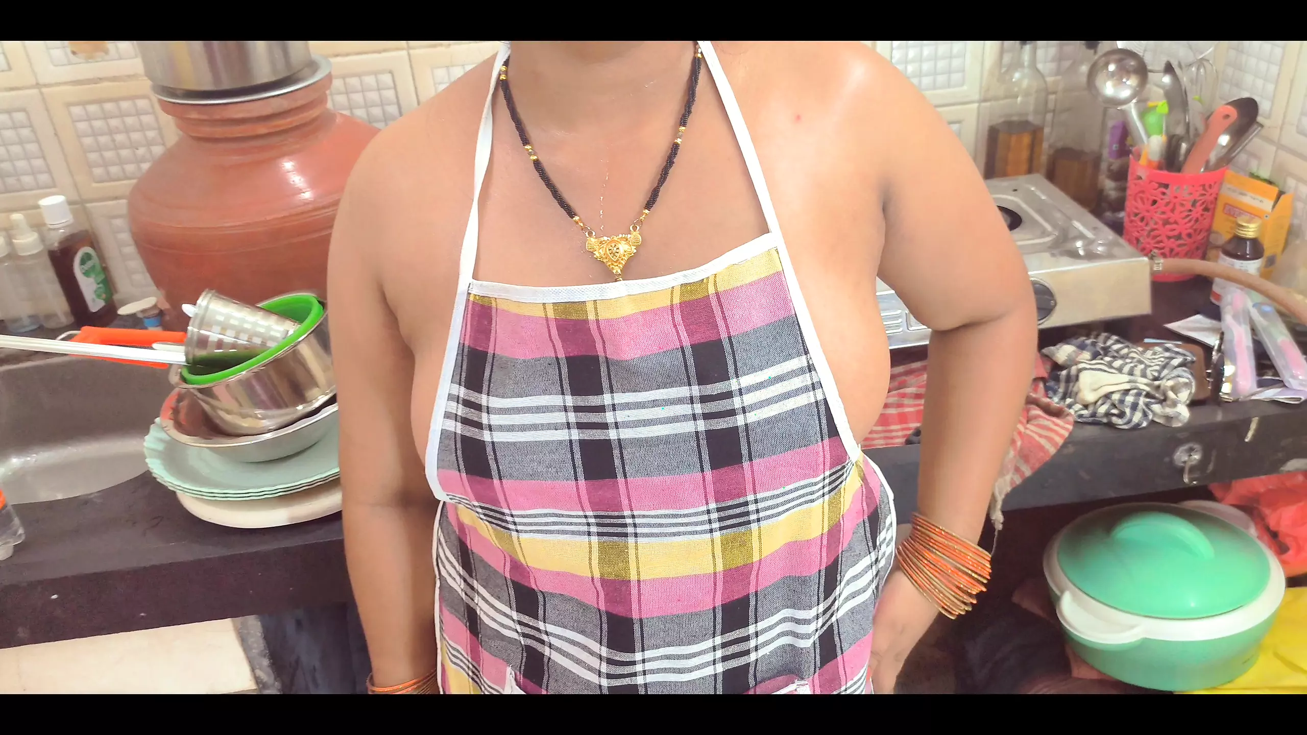 POV. StepMom got Caught naked in kitchen in hot dress