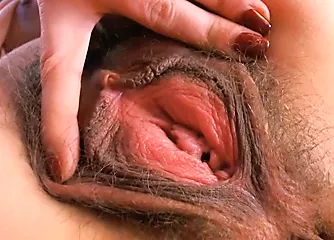 Hairy pussy, masturbating, meaty labia