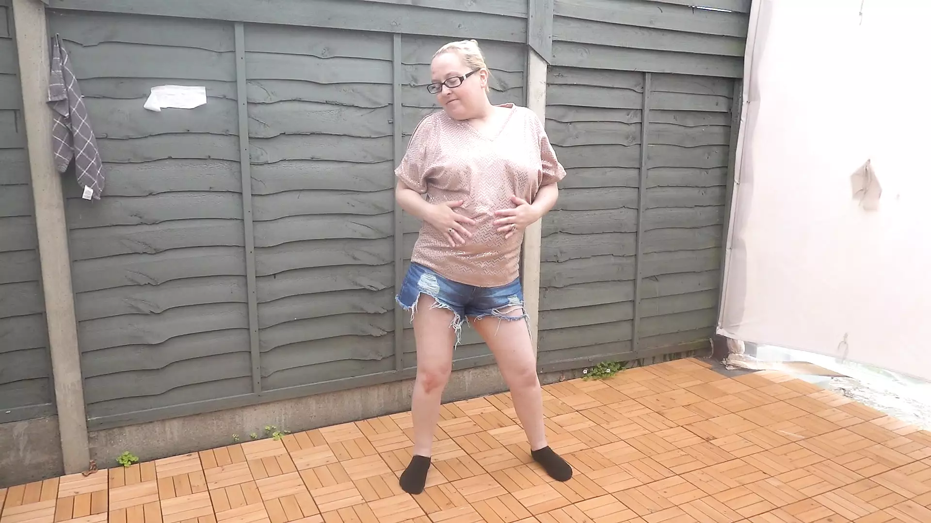 wife in shorts and underwear stripping