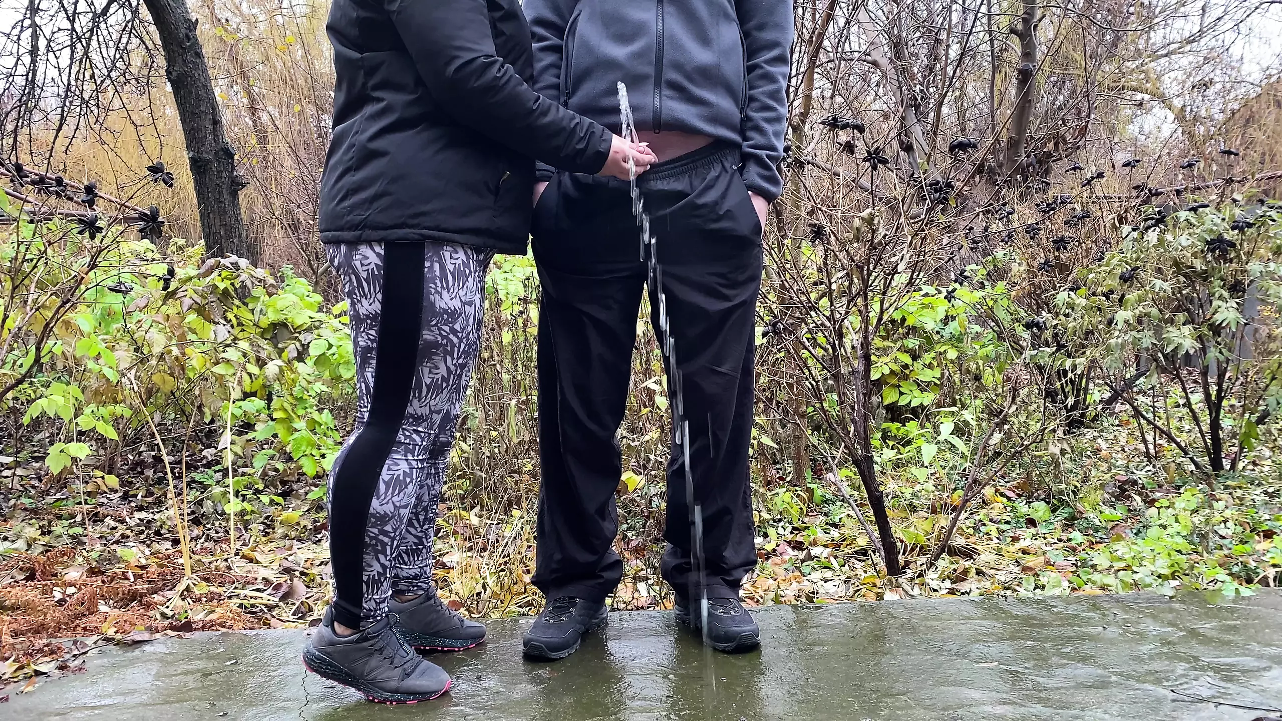 Sports mother-in-law after jogging in the park holds son-in-law's penis